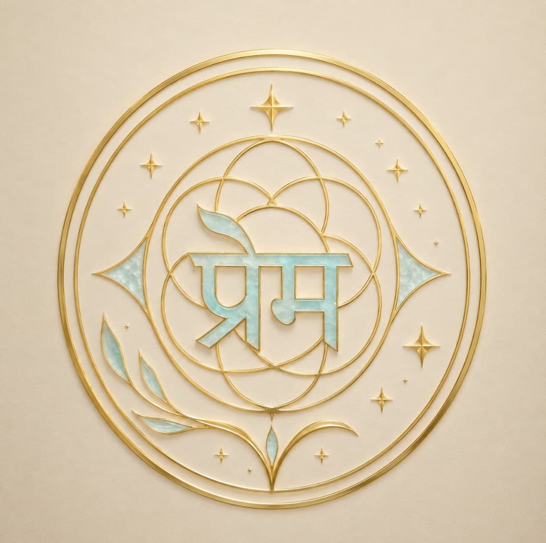 Gold circular emblem with geometric patterns and the Hindi word 'Prem' in light blue marble.